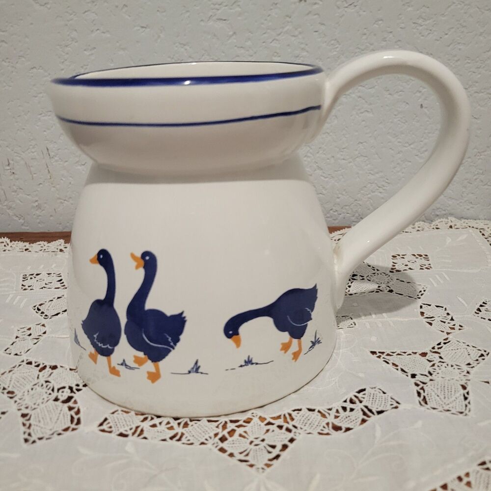 Vtg Cream white milk pitcher small Blue Geese Cottage Grandma Goose Ceramic